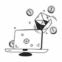 Flat Glossy laptop with floating holographic wine glass and abundant copy space concept as A glossy laptop is centered on a white background with a holographic wine glass floating Cleans vector