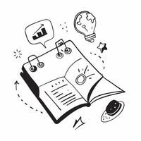 Flat Glossy notebook with holographic marketing ideas and brainstorm icons concept as A high angle shot of a glossy notebook open to a page with floating holographic marketing idea Cleans vector