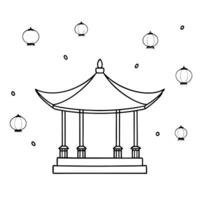 Flat Glossy Pavilion with Lanterns for Mid Autumn Festival concept as A glossy pavilion background adorned with lanterns providing a serene and reflective setting for the Mid Autum Cleans vector