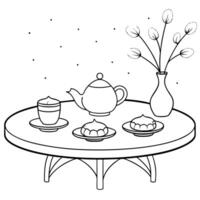 Flat Glossy Table Setting with Mooncakes for Mid Autumn Festival concept as A glossy table setting featuring an elegant arrangement of mooncakes and tea with soft lighting reflecti Cleans vector