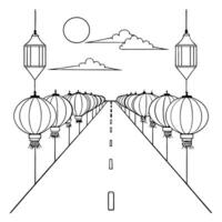 Flat Glossy Street with Reflective Lanterns for Mid Autumn Festival concept as A glossy street background lined with reflective lanterns capturing the lively and festive spirit of Cleans Set 2 vector