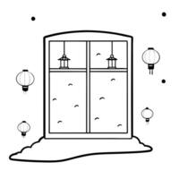 Flat Glossy Window View of Mid Autumn Festival Celebration concept as A glossy window view overlooking a Mid Autumn Festival celebration with lanterns and decorations visible throu Cleans vector