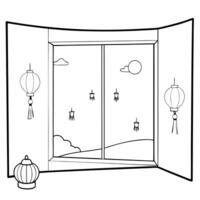 Flat Glossy Window View of Mid Autumn Festival Celebration concept as A glossy window view overlooking a Mid Autumn Festival celebration with lanterns and decorations visible throu Cleans Set 2 vector