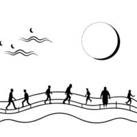 Flat Glowing Abstract Bridge Crossing concept as A glowing abstract depiction of people crossing a bridge under the full moon during the Mid Autumn Festival with luminous waves and Cleans Set 2 vector