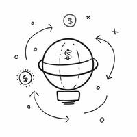 Flat Glowing abstract globe with currency symbols orbiting around concept as A glowing abstract globe with currency symbols orbiting around it representing global finance The came Cleans vector