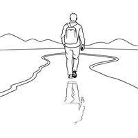 Flat Hiker on Glossy Trail at Dusk concept as A hiker walking along a glossy trail at dusk with the fading light reflecting off the wet ground The scene is peaceful and reflective Cleans vector