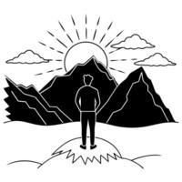 Flat Hiker Admiring Glossy Mountain Peaks at Sunrise concept as A hiker standing at the edge of a cliff overlooking glossy mountain peaks bathed in the warm glow of sunrise The sc Cleans vector