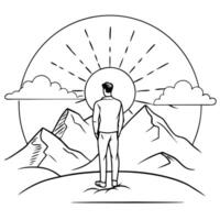 Flat Hiker Admiring Glossy Mountain Peaks at Sunrise concept as A hiker standing at the edge of a cliff overlooking glossy mountain peaks bathed in the warm glow of sunrise The sc Cleans Set 2 vector