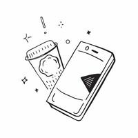 Flat Holographic soda can floating beside a glossy smartphone isolated on white concept as A glossy smartphone lies on a white surface with a holographic soda can icon hovering bes Cleans vector