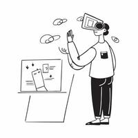 Flat Innovator candidly testing a prototype with augmented reality concept as A candid photo of an innovator testing a prototype using augmented reality glasses in a tech lab The Cleans vector