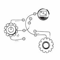 Flat Interconnected gears with digital circuits on an isolated white background concept as Two interconnected gears with embedded digital circuits suspended on an isolated white ba Cleans vector