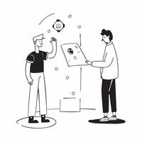 Flat Innovator candidly discussing ideas with a holographic model concept as A candid shot of an innovator discussing ideas with a colleague while interacting with a holographic mo Cleans vector