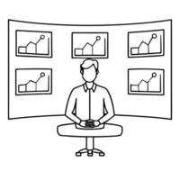 Flat IT specialist monitoring glossy network data concept as An IT specialist is seated in a darkened control room monitoring glossy network data displayed on multiple screens The Cleans vector