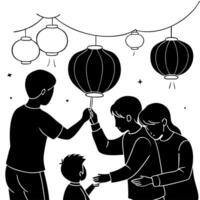 Flat Lantern Making in Abstract Glow concept as A scene of children and adults crafting glowing lanterns with abstract light trails surrounding them symbolizing creativity and trad Cleans Set 2 vector