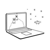 Flat Laptop on Holographic Surface with Rabbits and Moon concept as A laptop on a glossy holographic surface with floating holographic rabbits and a moon above symbolizing the Mid Cleans vector