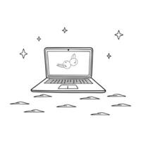 Flat Laptop on Holographic Surface with Rabbits and Moon concept as A laptop on a glossy holographic surface with floating holographic rabbits and a moon above symbolizing the Mid Cleans Set 2 vector