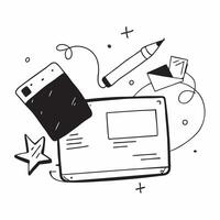 Flat Laptop and pencil border frame with Digital Content text and copy space concept as A dynamic border frame featuring a laptop and pencil at opposite corners with the text Digit Cleans vector