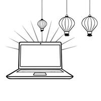 Flat Laptop with Holographic Fan and Lanterns concept as A laptop on a white background with holographic fans and lanterns hovering above symbolizing Mid Autumn Festival symbols C Cleans vector
