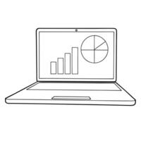 Flat Laptop with holographic bar chart and pie chart concept as A sleek laptop on a white surface with a glossy glowing holographic bar chart and pie chart hovering above the scree Cleans vector