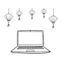 Flat Laptop with Holographic Fan and Lanterns concept as A laptop on a white background with holographic fans and lanterns hovering above symbolizing Mid Autumn Festival symbols C Cleans Set 2 vector