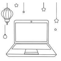 Flat Laptop with Mooncake and Holographic Decorations concept as A sleek laptop open on a white surface with a holographic mooncake and glowing festival decorations around Camera Cleans vector