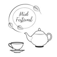 Flat Levitating Teapot and Cup with Mid Autumn Festival Text concept as A traditional teapot and cup levitating above a white background with Mid Autumn Festival text creating a ma Cleans vector