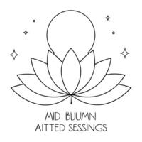 Flat Levitating Lotus and Moon with Mid Autumn Blessings Text concept as A lotus flower and moon levitating together with Mid Autumn Blessings text isolated on a white background Cleans vector