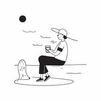 Flat Man enjoying a cold drink while fishing at a peaceful lake concept as A candid shot of a man sitting by a peaceful lake enjoying a cold drink while fishing The camera capture Cleans vector