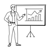 Flat Marketing strategist presenting glossy data insights concept as A marketing strategist stands in front of a large screen displaying glossy data insights The background featur Cleans vector