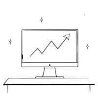 Flat Monitor with holographic arrow and line graph concept as A computer monitor on a white desk displays a holographic arrow pointing upwards alongside a floating line graph The Cleans vector