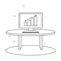 Flat Monitor with holographic column chart and dollar sign concept as A monitor on a white desk shows a holographic column chart with a floating dollar sign representing financial Cleans vector