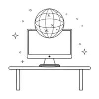 Flat Monitor with holographic globe and data points concept as A computer monitor on a white desk displays a holographic globe with floating data points The glossy glowing element Cleans vector