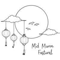 Flat Moon and Lanterns with Mid Autumn Festival Text concept as A illustration combining the moon and hanging lanterns with Mid Autumn Festival text isolated on a white back Cleans vector