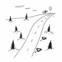 Flat Mountain Biker on Glossy Trail through Misty Forest concept as A mountain biker riding along a glossy trail through a misty forest with soft light filtering through the trees Cleans Set 3 vector