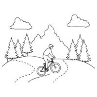 Flat Mountain Biker on Glossy Trail through Misty Forest concept as A mountain biker riding along a glossy trail through a misty forest with soft light filtering through the trees Cleans vector