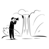Flat Photographer Capturing Glossy Waterfall in Lush Forest concept as A photographer capturing a glossy waterfall surrounded by lush greenery with light reflecting off the water Cleans vector