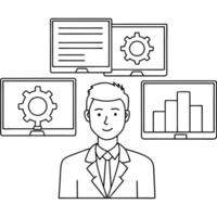 Flat Operations manager optimizing glossy workflow data concept as An operations manager is focused on a large glossy workflow data dashboard displayed on multiple screens The bac Cleans vector