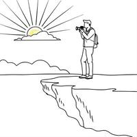 Flat Photographer on Glossy Cliff Edge at Golden Hour concept as A photographer standing on the edge of a glossy cliff during golden hour with the light reflecting off the surface Cleans vector