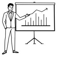 Flat Product manager presenting glossy market data concept as A product manager stands before a large screen displaying glossy market data charts The background is sleek and moder Cleans vector