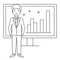 Flat Retail manager reviewing glossy sales performance concept as A retail manager stands before a large screen displaying glossy sales performance metrics The background is sleek Cleans vector