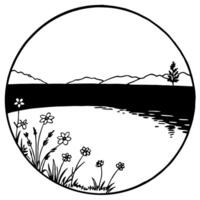 Flat Riverbank and Flowers Border Frame with Copy Space concept as A border frame featuring a riverbank and wildflowers at opposite ends with ample copy space in the middle Whispe Cleans vector