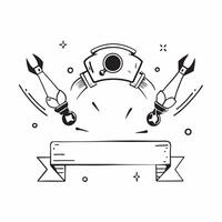 Flat Robotic arm border with futuristic tools framing copy space concept as A border frame featuring stylized robotic arms holding futuristic tools framing a central copy space Th Cleans vector