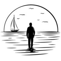 Flat Sailor on Glossy Ocean at Twilight concept as A sailor navigating a glossy ocean at twilight with the last light of the day reflecting off the water The scene captures the ca Cleans Set 2 vector