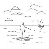 Flat Sailor on Glossy Ocean at Twilight concept as A sailor navigating a glossy ocean at twilight with the last light of the day reflecting off the water The scene captures the ca Cleans vector