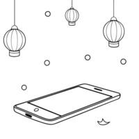 Flat Smartphone on Holographic Surface with Lanterns concept as A smartphone lies on a glossy holographic surface surrounded by floating holographic Mid Autumn Festival lanterns C Cleans Set 2 vector