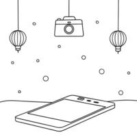 Flat Smartphone on Holographic Surface with Lanterns concept as A smartphone lies on a glossy holographic surface surrounded by floating holographic Mid Autumn Festival lanterns C Cleans vector