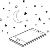 Flat Smartphone on Holographic Background with Moon and Stars concept as A smartphone lies on a holographic background with glowing moons and stars surrounding it representing Mid Cleans vector
