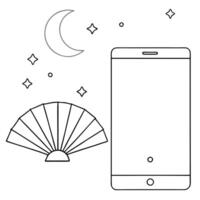 Flat Smartphone with Holographic Fan and Moon concept as A smartphone placed on a white surface with a holographic fan and moon hovering above representing Mid Autumn symbols Came Cleans vector