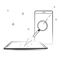 Flat Smartphone with holographic scatter plot and magnifying glass concept as A smartphone on a white surface displaying a holographic scatter plot with a floating magnifying glass Cleans vector