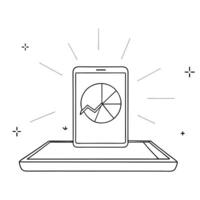 Flat Smartphone with holographic pie chart and line graph concept as A smartphone lies on a white surface with a glowing holographic pie chart and line graph rising from the screen Cleans vector